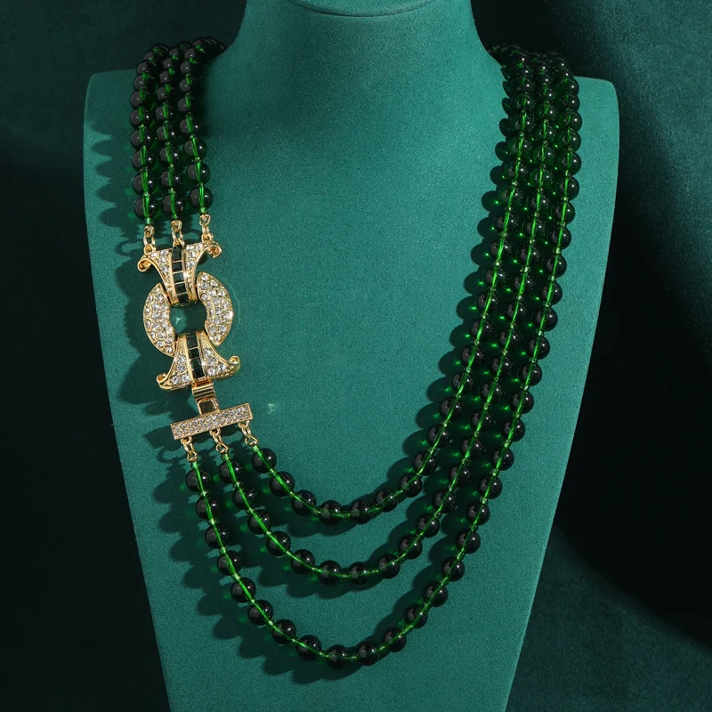 

Vintage Emerald Green Beaded Layered Necklace Beautiful Women Antique Gold Color Zircon Crystal Luxury Designer Jewelry 2025 New