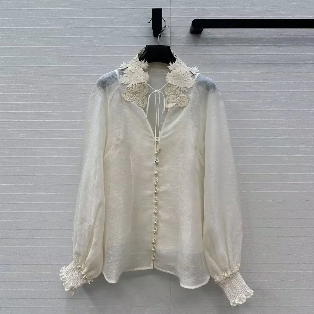 

Elegant Boho Silk Linen Blends Vintage Shirt Women Embroidery Floral Lace-up Collar Single Breasted Lantern Sleeve Beach Blouse