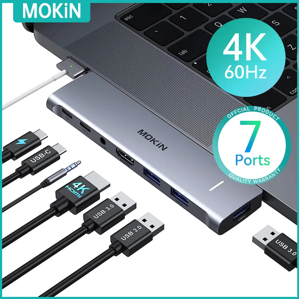 MOKiN Docking Station USB C Adapter 4K HDMI, 3 USB 3.0 5Gbps, USB C 3.0 and 100W Thunderbolt 3, Audio, for MacBook Pro/Air M1M2