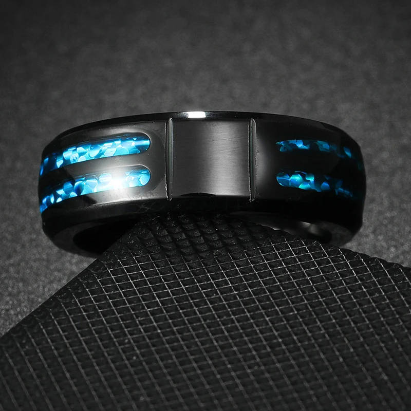 Personalize o logotipo 8mm anel masculino groove inlay azul opala anéis de casamento personalizado simples ícone imagem presente significativo para o marido pai