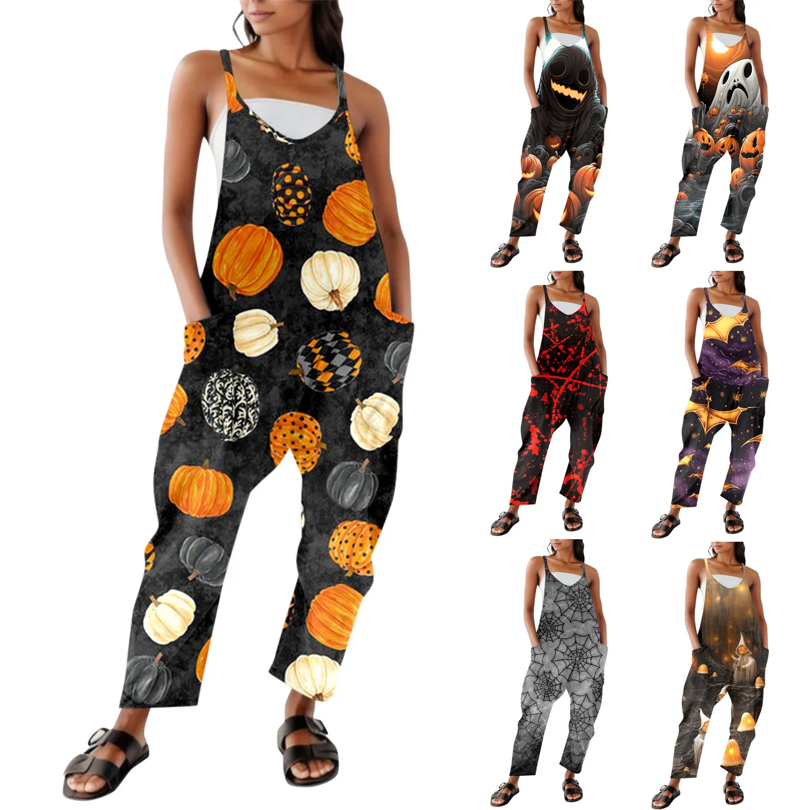 Halloween Jumpsuits For Women Wide Leg Jumpsuit Womens Overalls Oversized Pumpkin Face Funny Jumpsuits Spaghetti Strap Rompers