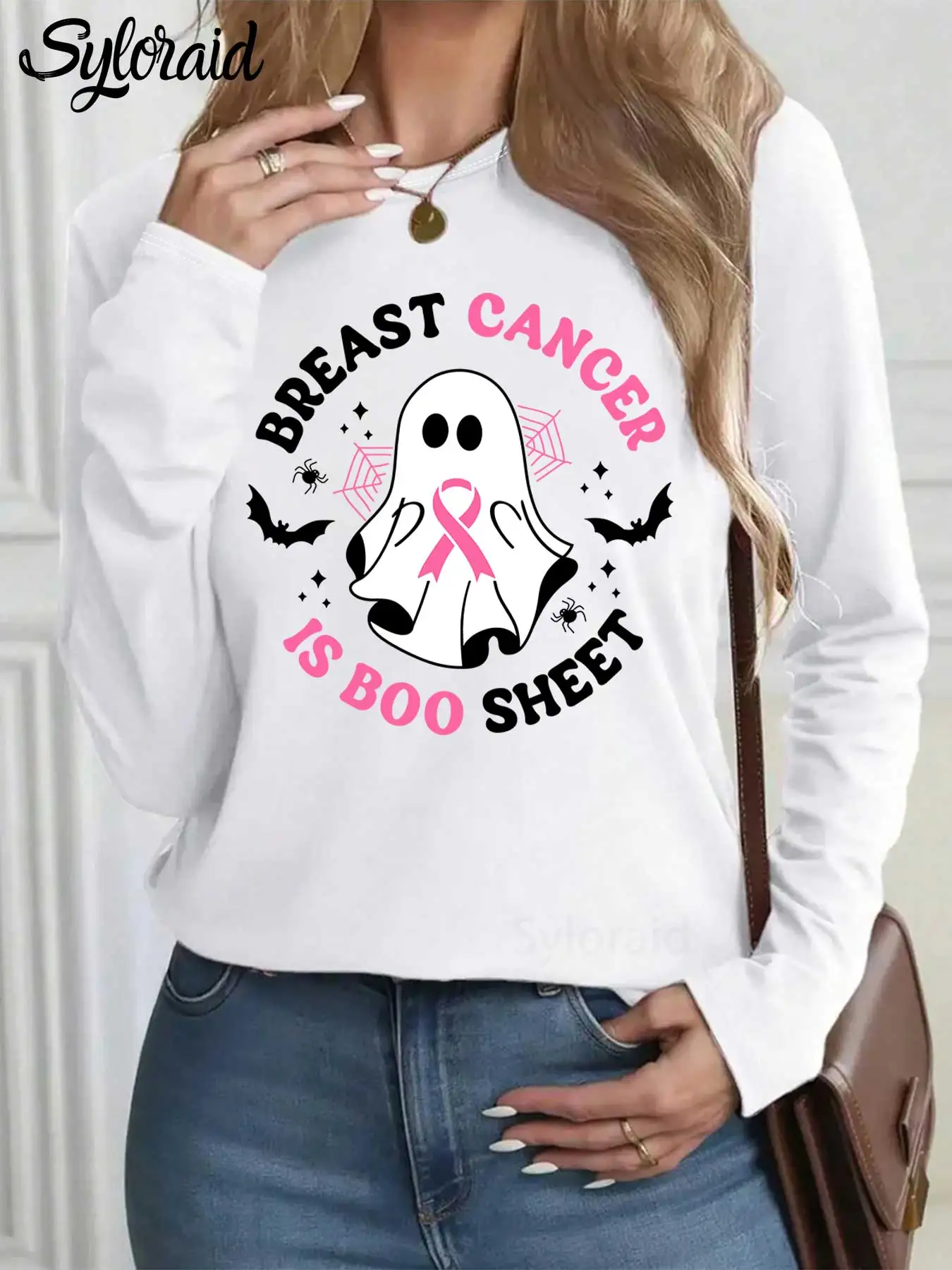 تي شيرت نسائي طويل الأكمام بشريط شبح للتوعية بسرطان الثدي جرافيك تي شيرت عصري برقبة دائرية كاجوال #1