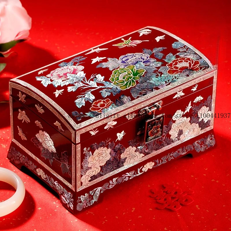 

High-End Chinese Wedding Jewelry Box Artistic Mother-of-Pearl Inlay Vintage Necklace Bracelet Display Case