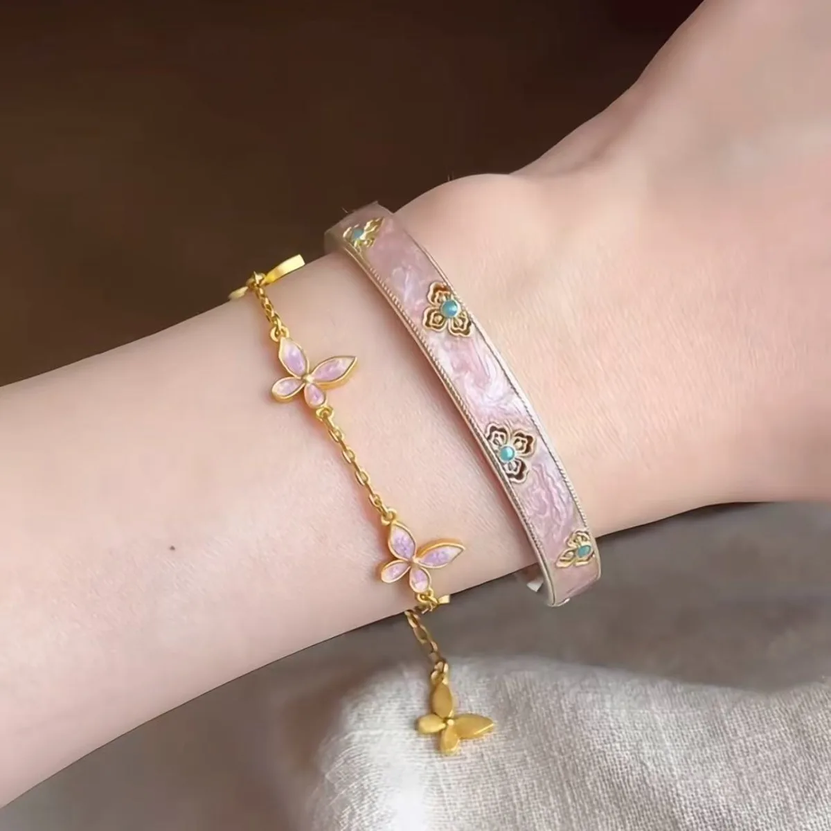 Ethnic Chinese Style Pink Blue Enamel Bracelets Rings for Women Traditional Ancient Court Craft Gold Silver Plated Charm Jewelry