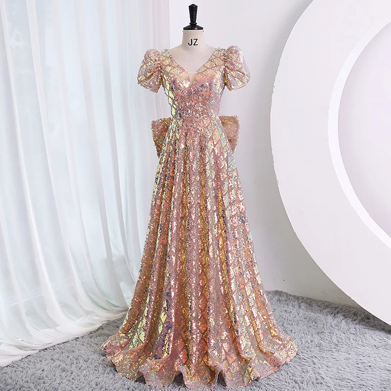 

Luxury Sequin Women Evening Dresses Long Elegant V-Neck Floor-Length Shiny Prom Gowns With Bow 2023