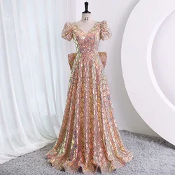 Luxury Sequin Women Evening Dresses Long Elegant V-Neck Floor-Length Shiny Prom Gowns With Bow 2023