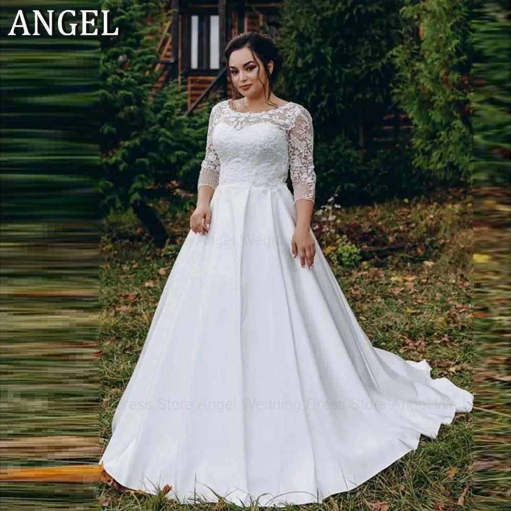 

ANGEL Modern Customized Satin Plus Size Wedding Dresses for Bride 2026 A-Line Lace Applqiues Long Bridal Gown Vestidos De Noiva