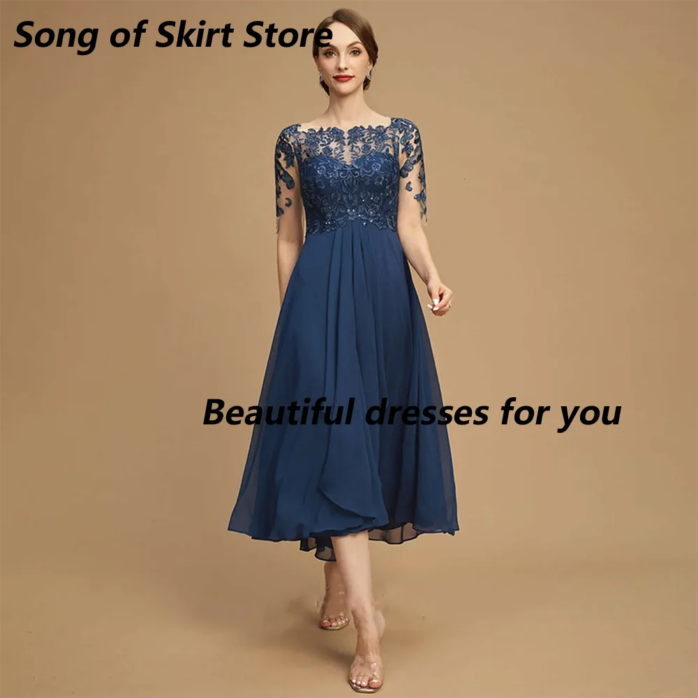 

Customized Chiffon Sequin Appliques Women Half Sleeve Tea-Length Wedding Ceremony Elegant Mother of The Bride Evening Dress