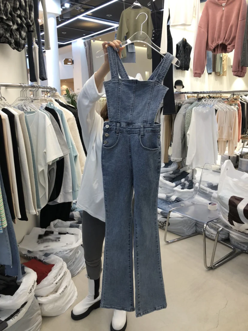 

Женские джинсовые комбинезоны в стиле ретро, Гонконг, повседневные расклешенные утягивающие повседневные цельные брюки с высокой талией, смесь хлопка