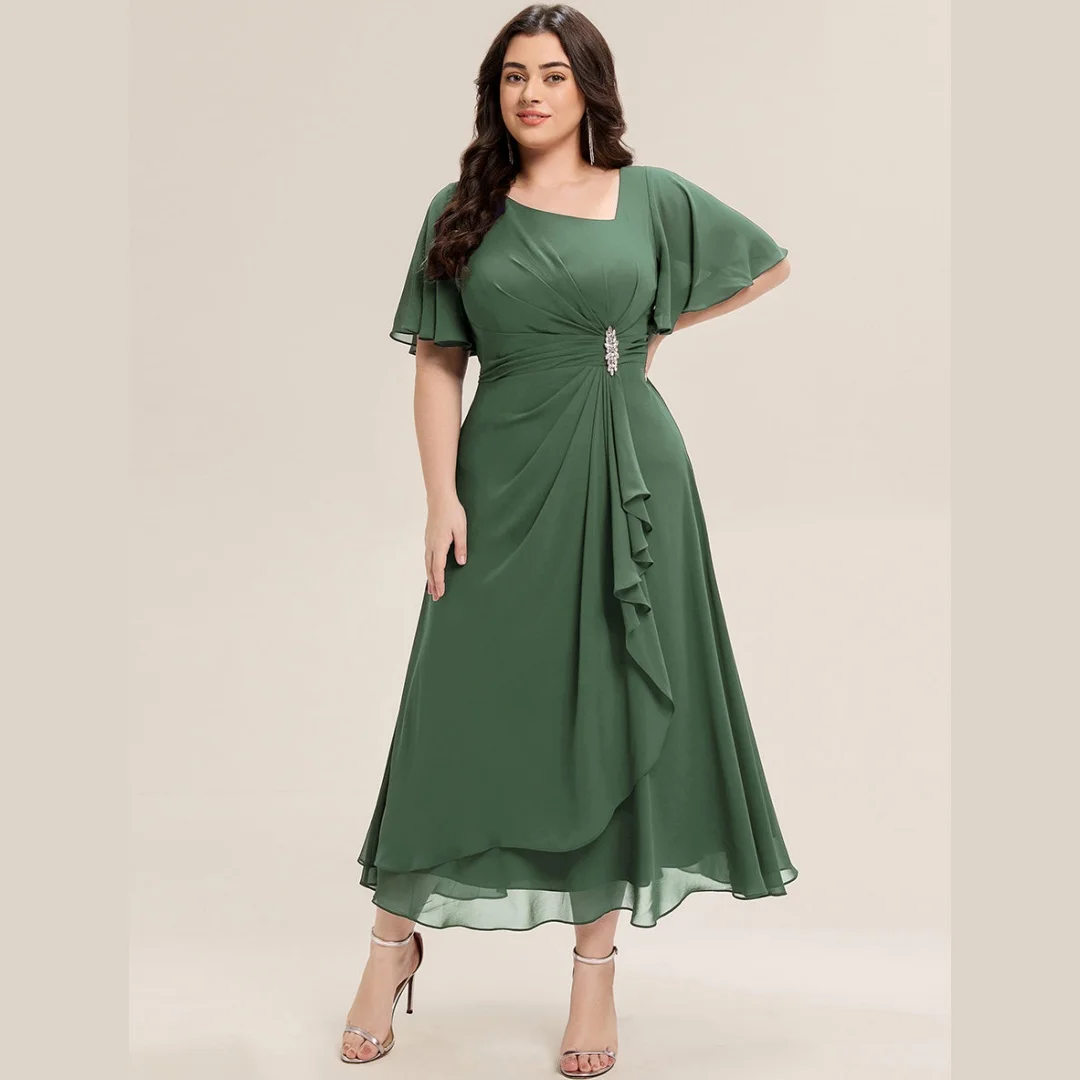 Chiffon Simple Modest Mother of the Bride Dresses V-neck Short Sleeve A-line Tea-Length Cocktail Dress Customized