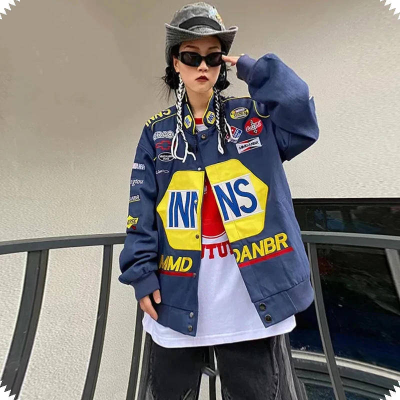 Unisex American Stickerei Bombers Mantel Frühling Herbst Hip Hop High Street Langarm Top Bomber Varsity Racing Frau Jacke