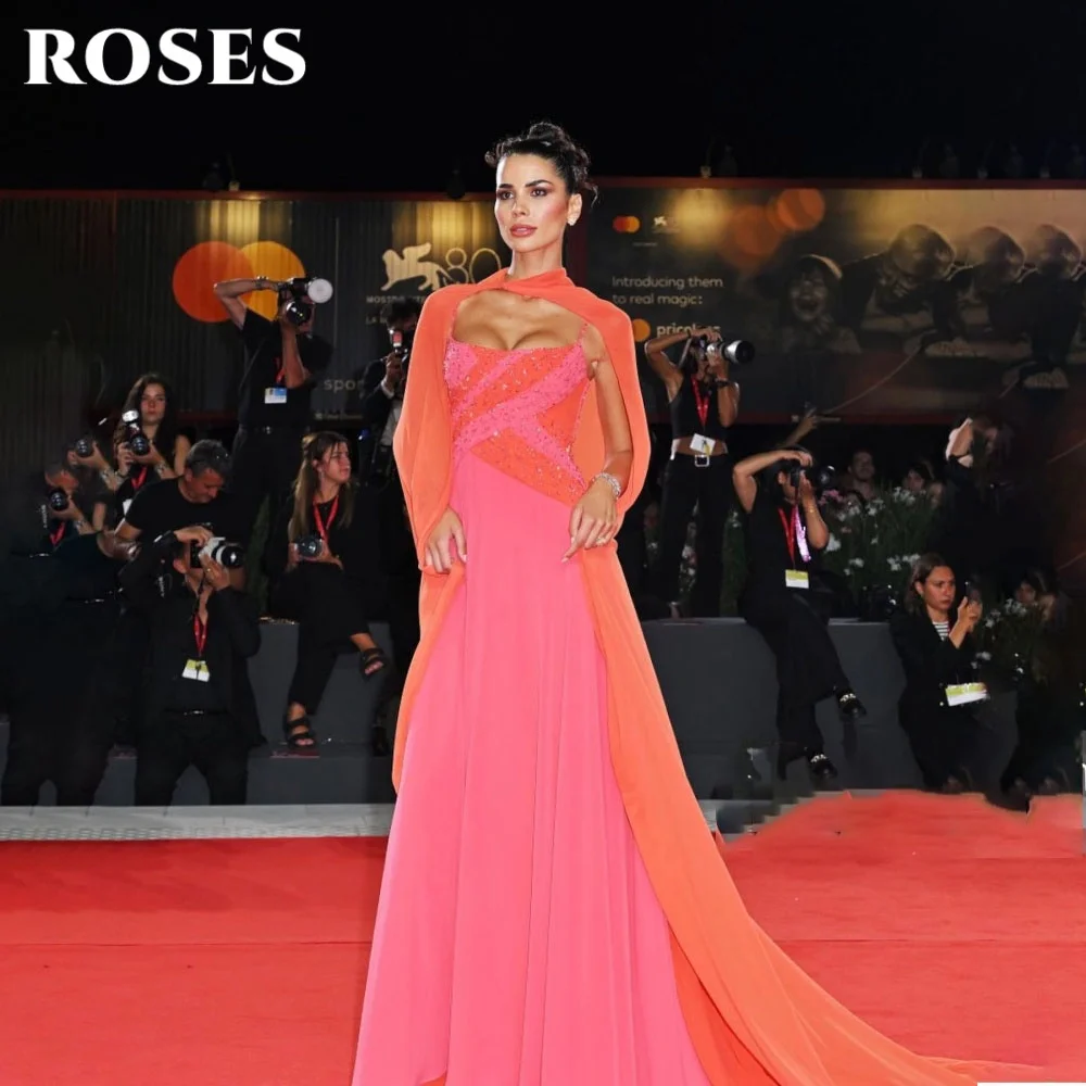 فستان حفلة موسيقية وردي وردي بحزام سباغيتي على شكل حرف a مع شال فساتين سهرة مع طيات بدون أكمام فستان رسمي للحفلات حسب الطلب #2