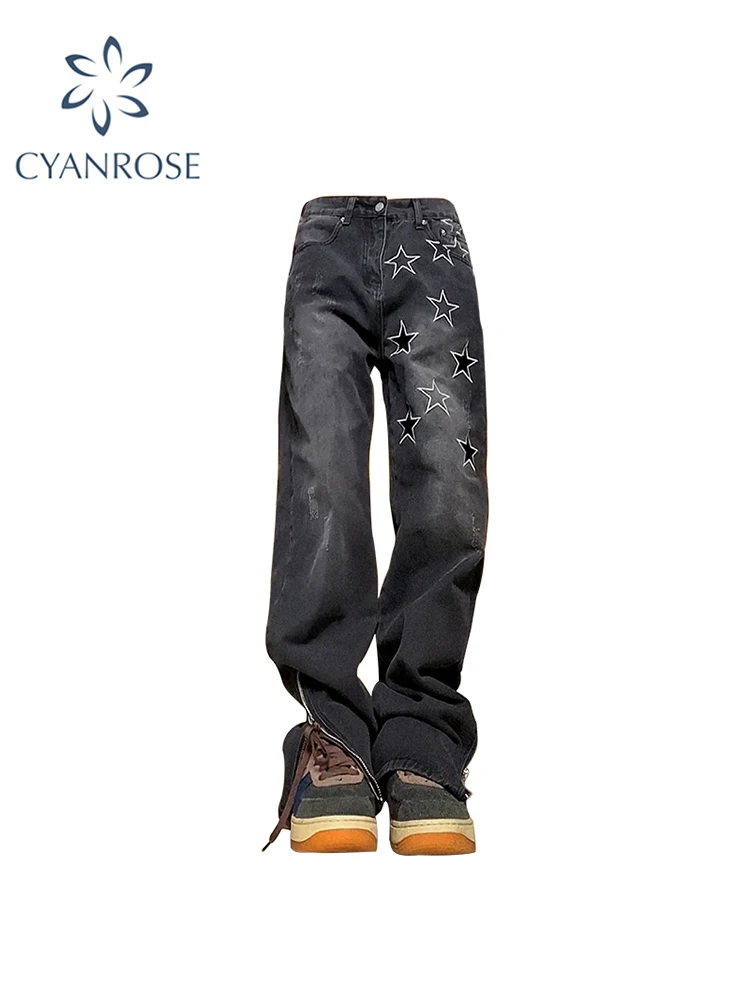 

Women Black Gothic Star Jeans Vintage 2000s Y2k 90s Aesthetic Baggy Denim Trousers Korean High Waist Cowboy Pants Grunge Clothes