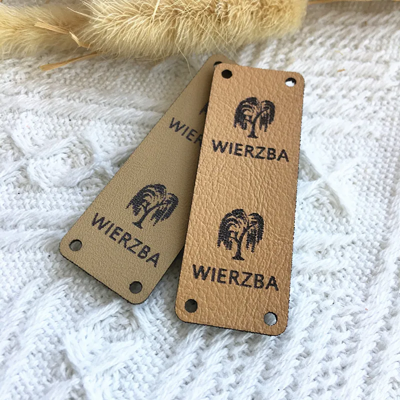 

30pcs Custom knitting labels with logo Personalized leather tags for crochet items Sewing fold over label for clothes bags hats