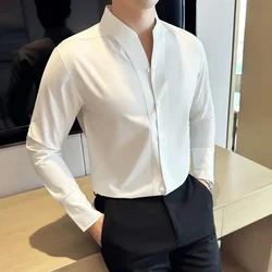 High Quality Sexy V-neck Shirt Men's Autumn Long Sleeve Slim Casual Business Dress Shirts Temperament Social Tuxedo Blouse M-3XL