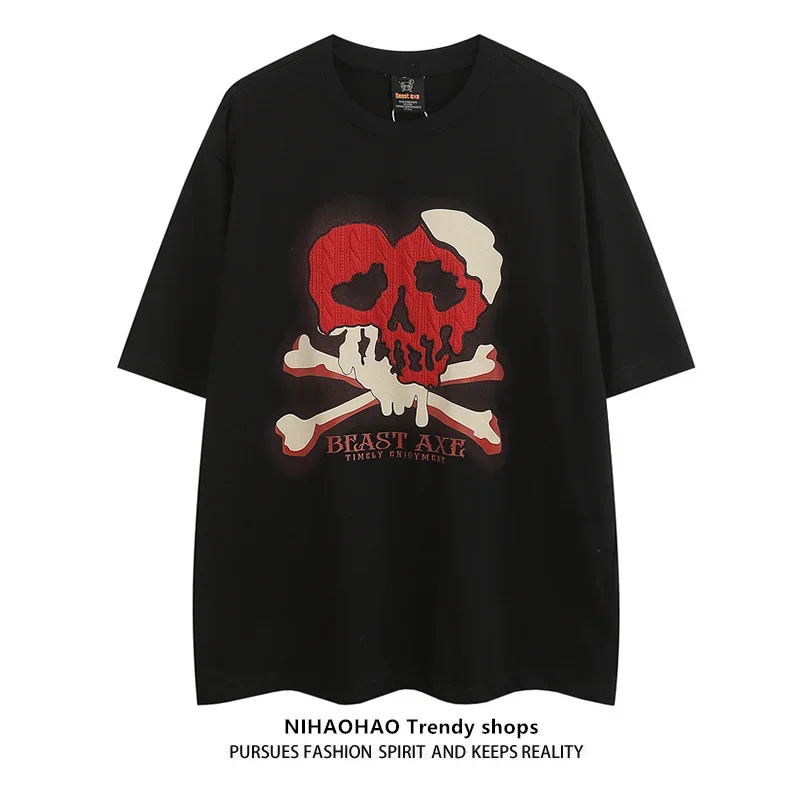 

High quality american retro skull embroidery oversized t shirt vintage hip hop y2k top korean graphic t shirts women clothing