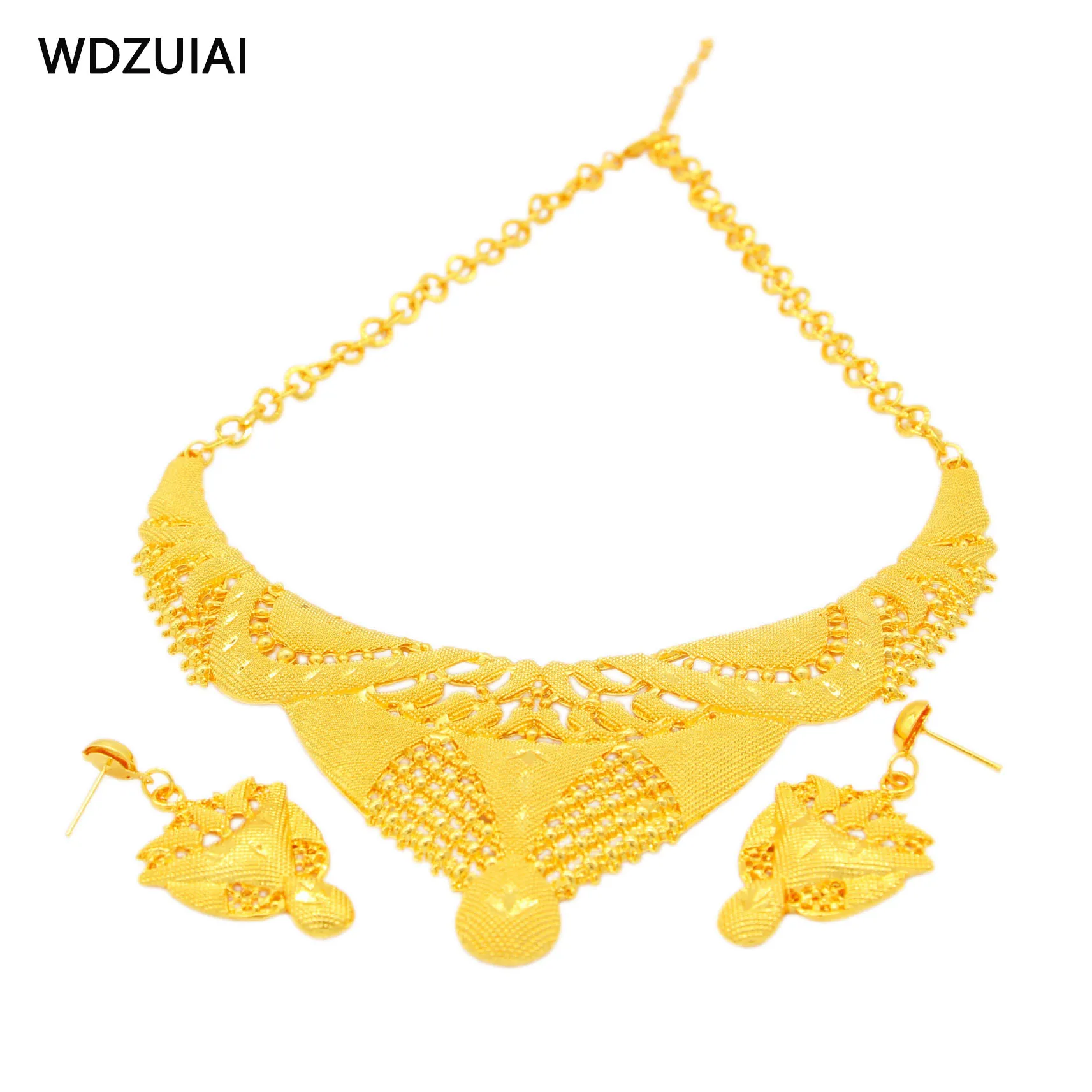 WDZUIAI New Luxury Necklace&Earrings Jewelry Set Bright Gold Color Dubai African Middle East Women Bridal Wedding Charm Jewelry