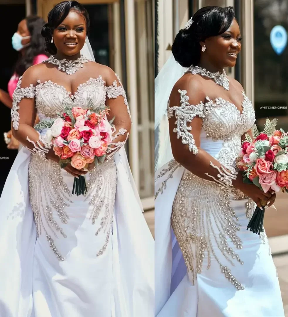 

Customize Plus Size Arabic Aso Ebi Luxurious Mermaid Sparkly Wedding Dress High Neck Long Sleeves Bridal Gowns Dresses 2025