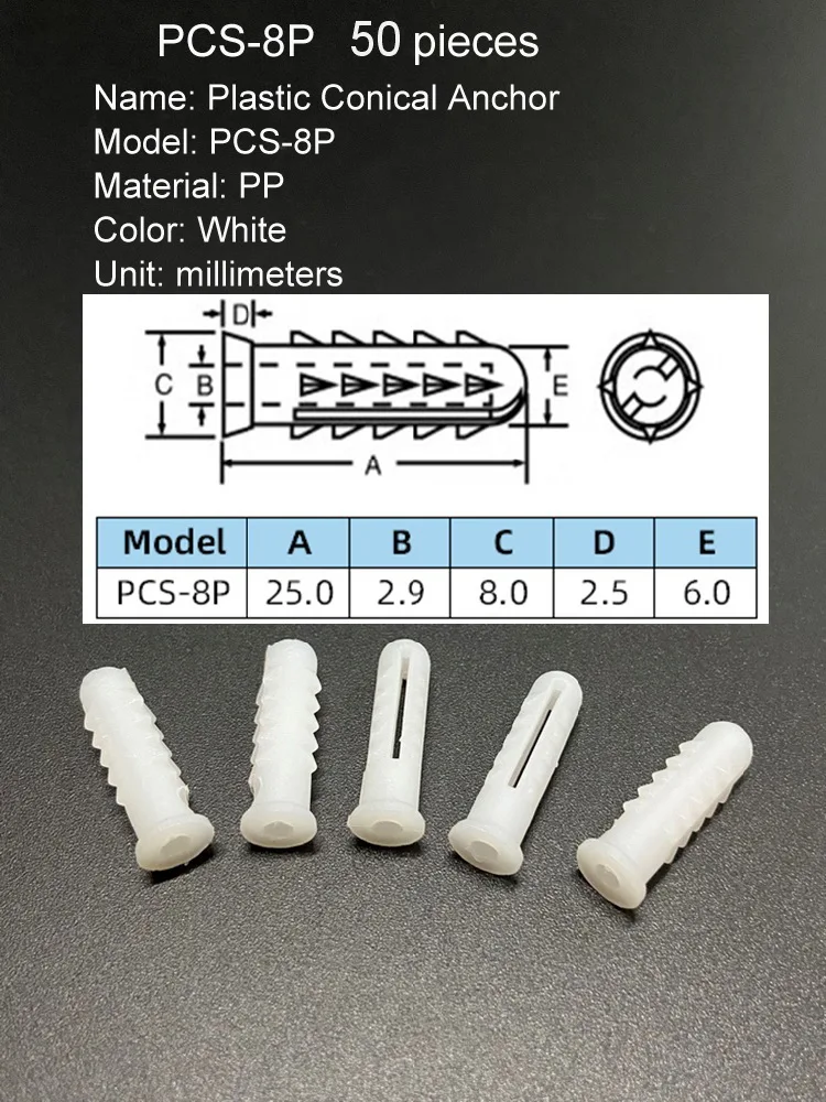 White PP Material Expand Nail Expansion Tube Pipe Screw Fixing Seat Wall Plugs Plastic Conical Anchor PCS-8P 50 Pieces