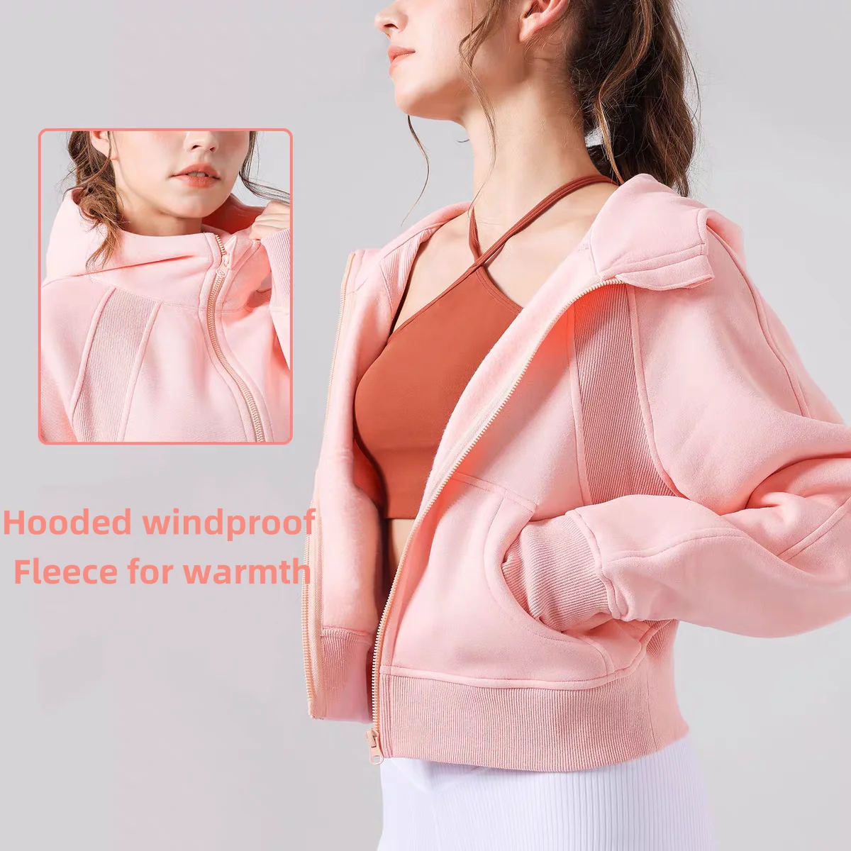 

Yoga jacket with brand logo women winter fleece hoodie warm windproof sports coat zipper cardigan with pockets & thumb holes