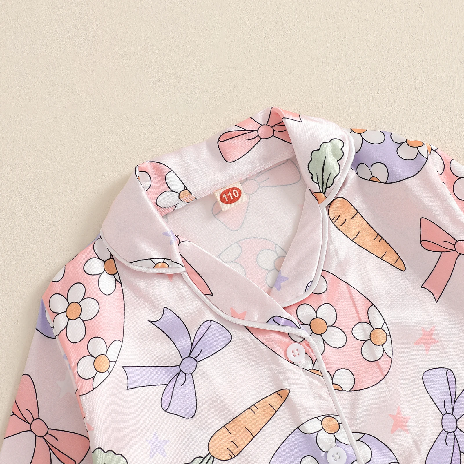 Baby Girls Easter Pajamas Feather Cuffs Egg Bow Print Button Long Sleeves Shirt with Elastic Pants for Loungewear