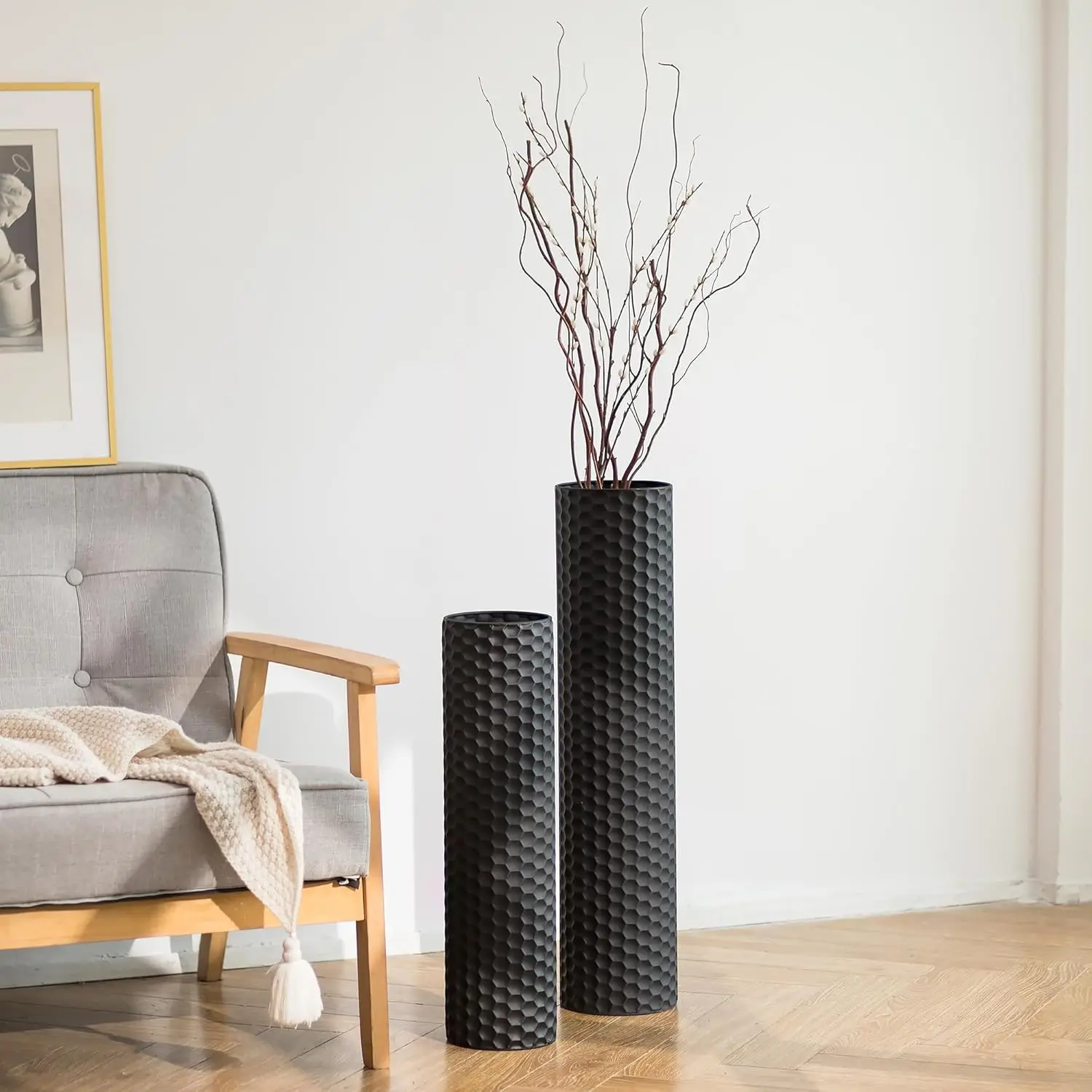 

Black Cylinder Tall Floor Vase: 27.6/21.7in Metal Extra Large Decorative Vase Set of 2 Living Room Modern Honeycomb Texture Big