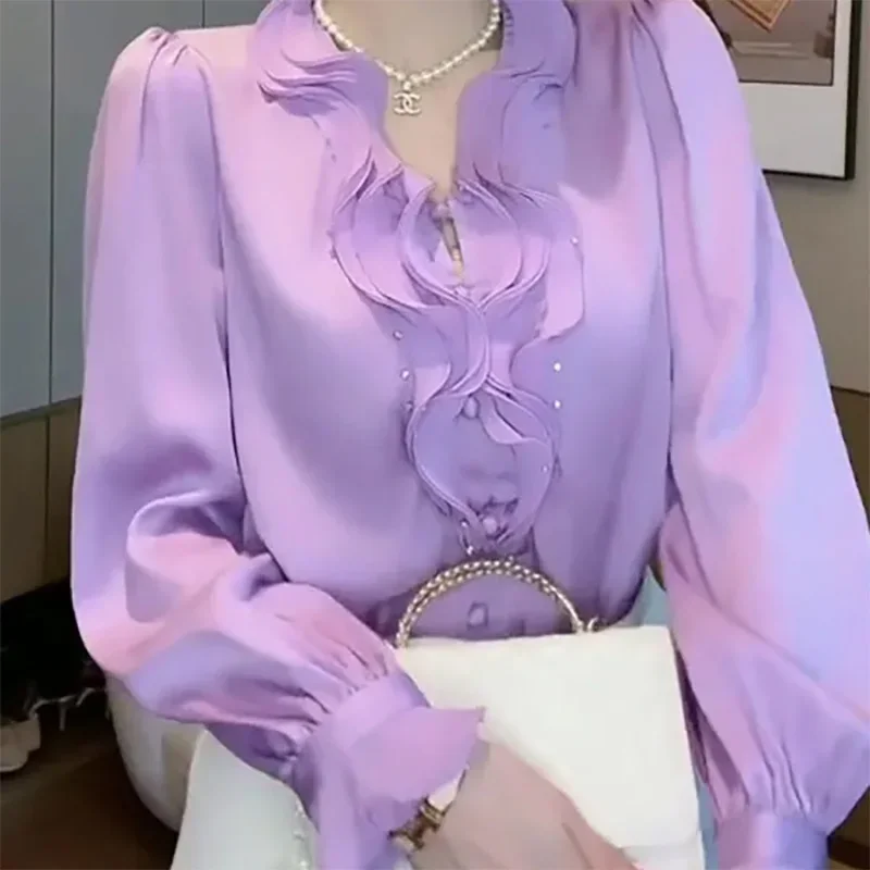 Elegant V-Neck Beading Spliced Ruffles Blouses Women Clothing Autumn Solid Color Elegant Tops Butterfly Sleeve Shirts E3033