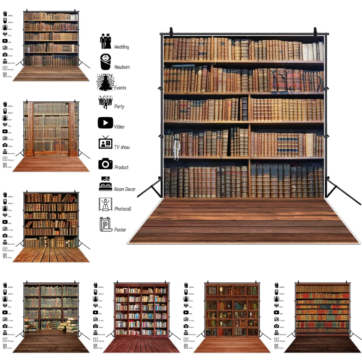 Vintage Bookcase Library Photography Backdrops Wooden Shelf Classic Books Wood Floor Retro Theme Party Reading Corner Background