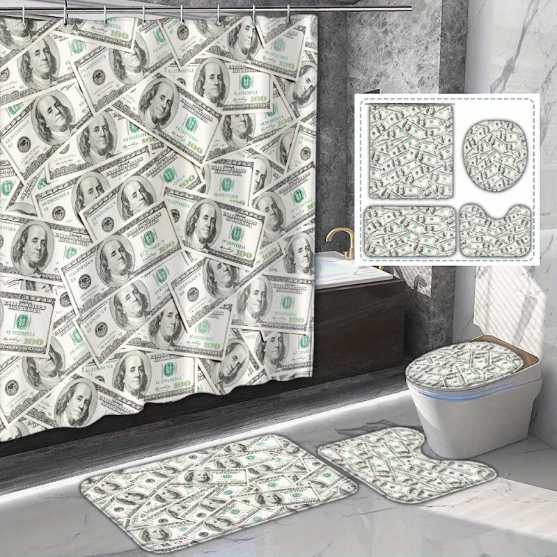 1/4PCs money print bathroom set, us dollar shower curtain with 12 hooks, waterproof polyester, currency patterned bath decor, no