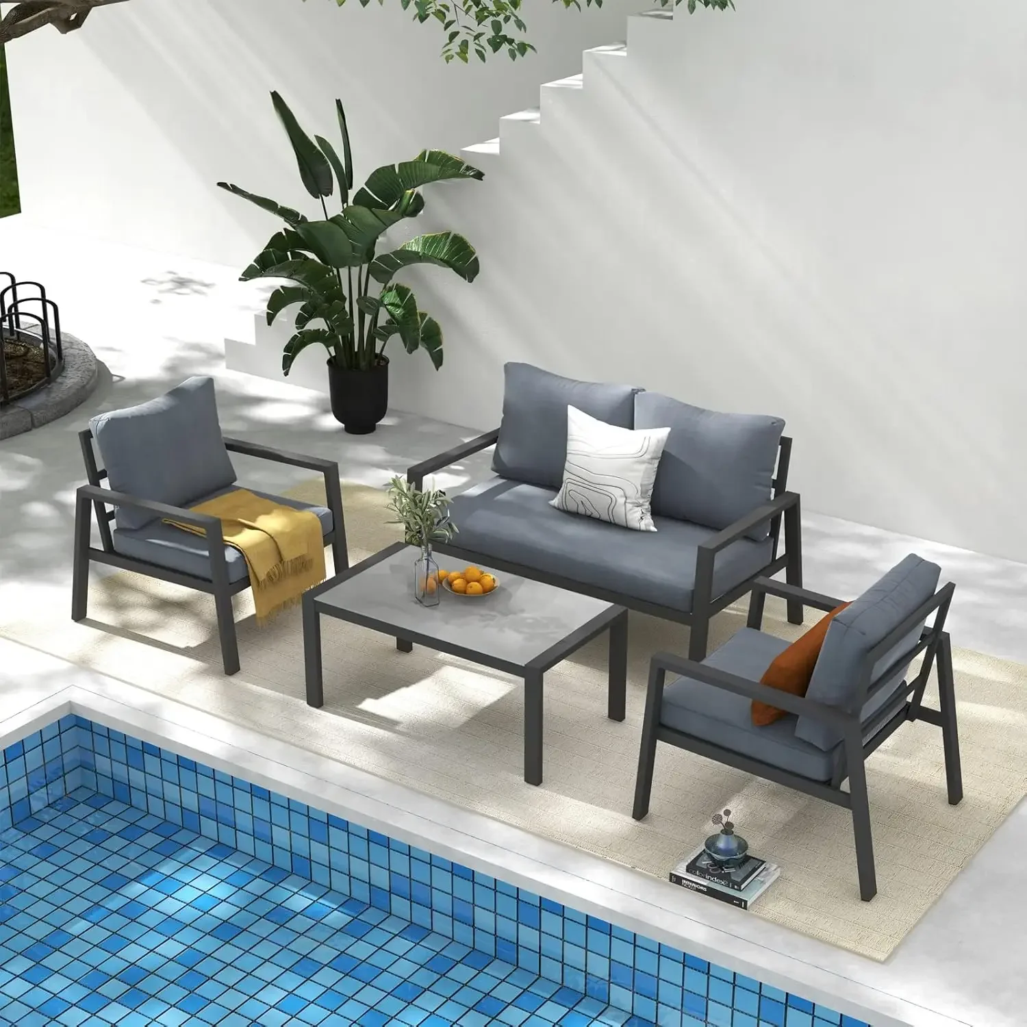 4-piece Aluminum Outdoor Patio Furniture, Patio Conversation Sofa Set with Removable Cushions, Tempered Glass Top Coffee Table