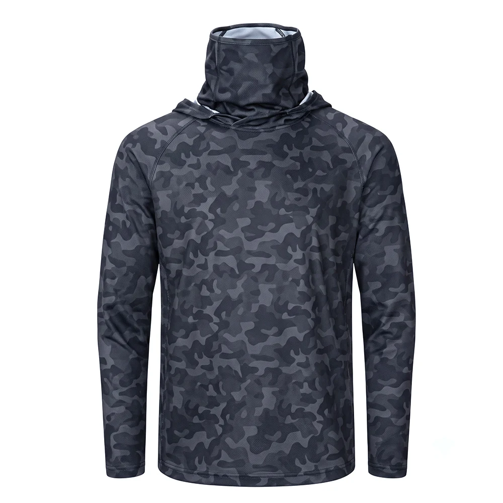 Men Camo UPF50+ Sun Protection Fishing Hoodie With Face Mask Long Sleeve Breathable Outdoor Fishing Shirts