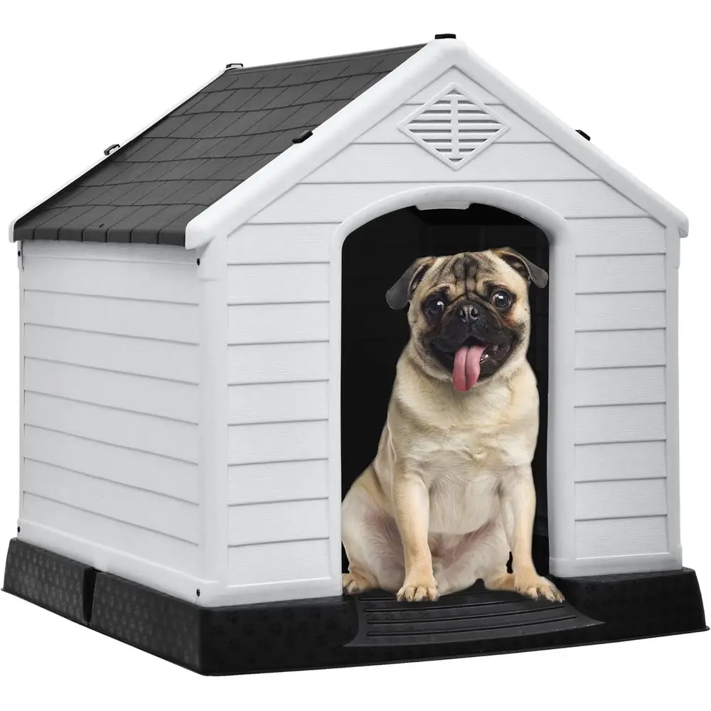 

Large Outdoor Dog House, Plastic Doghouse with Air Vents and Ground Nails, Insulated Water Puppy Shelter for Small Medium Dogs (