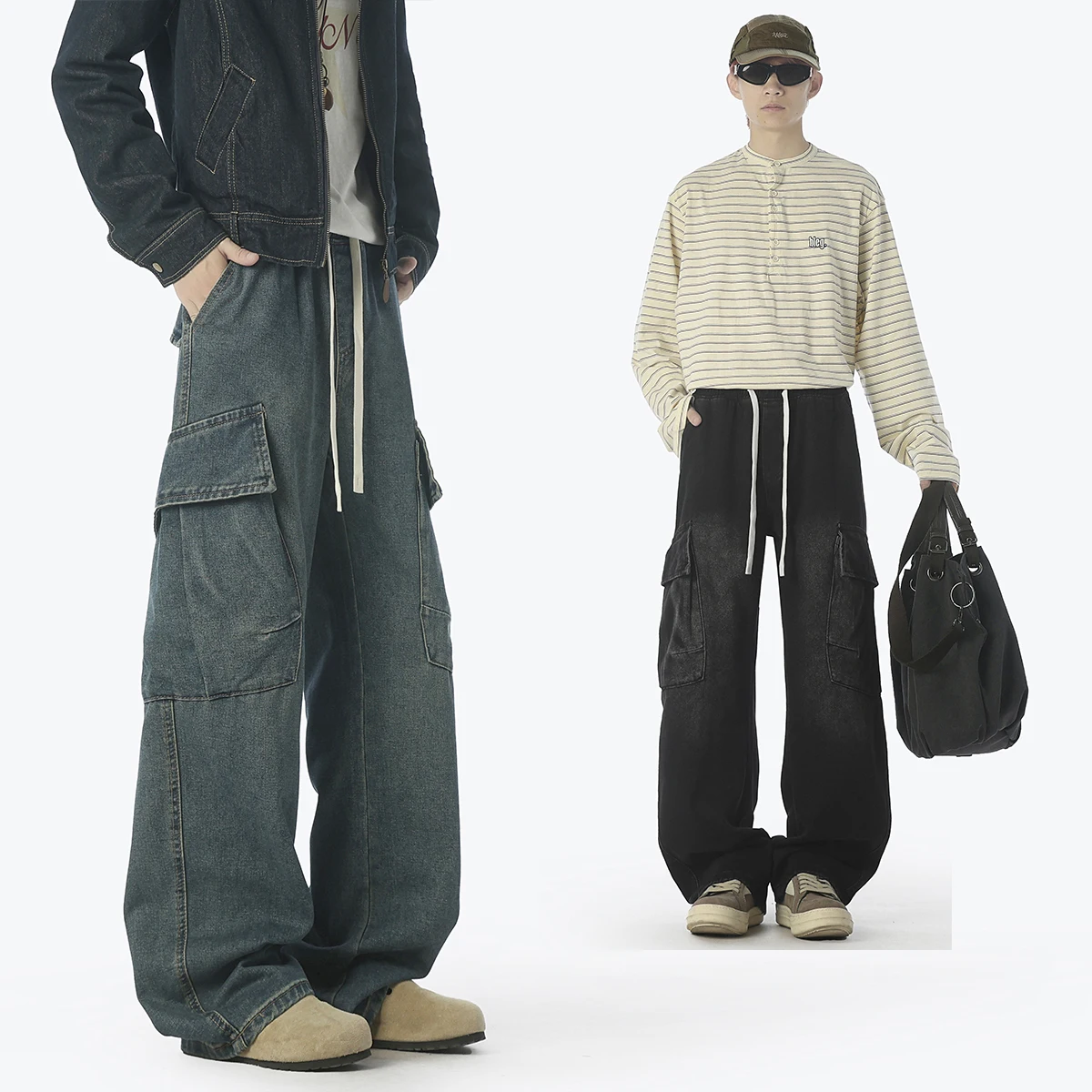 

2025 New Men's Blue Washed Denim Pants Casual Wide Leg Trousers Loose Fit Streetwear Jeans with Pockets