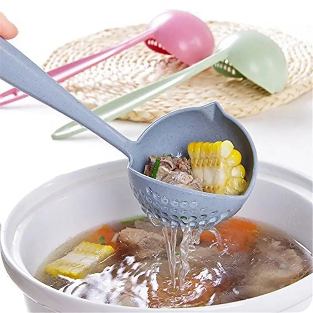 Cuchara de sopa 2 en 1, paja de trigo, cuchara de sopa de mango largo, cucharón colador, cuchara para sopa con filtro, colador, utensilios de cocina