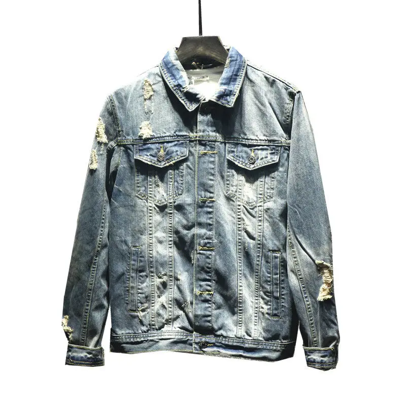 2023 denim jacket men's American casual slim fitting and handsome jacket men's nostalgic retro and worn-out beggar men jacket