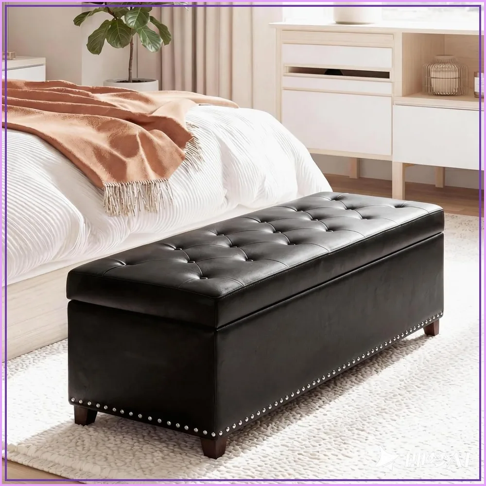 47 Inch Storage Ottoman Bench Tufted Leather with Nailhead Trim for Bedroom, Black