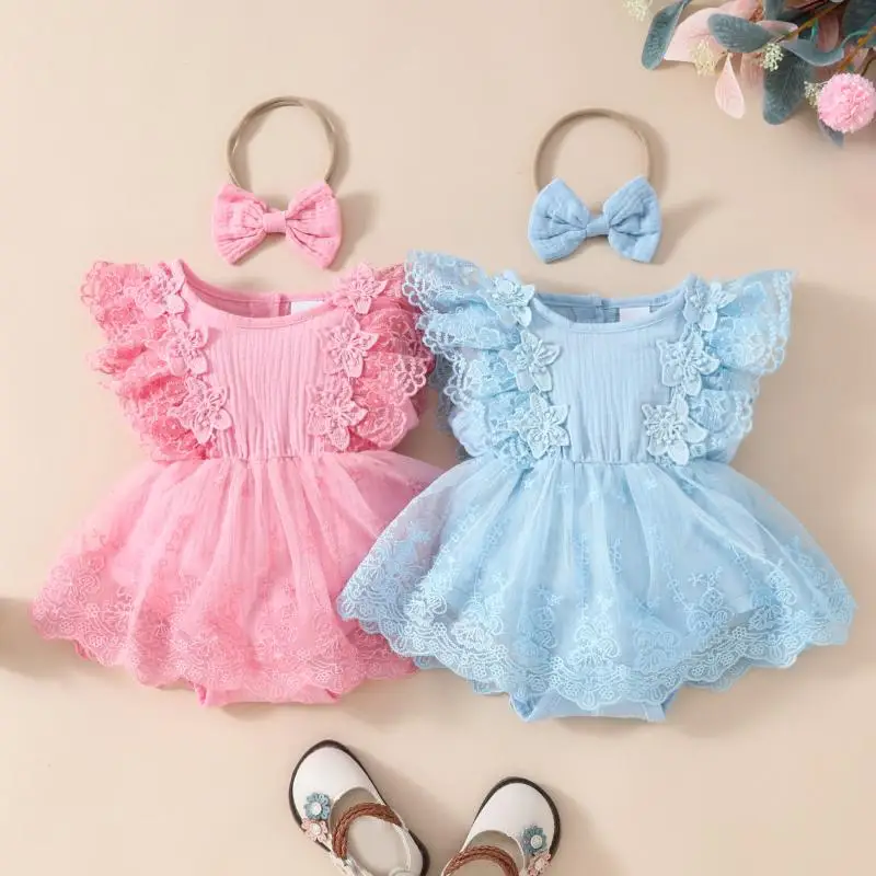 

Baby Girl Summer New Sweet Sleeveless Lace Triangle Harper Mesh Dress Newborn Lace Flower Wrapped Fart Dress