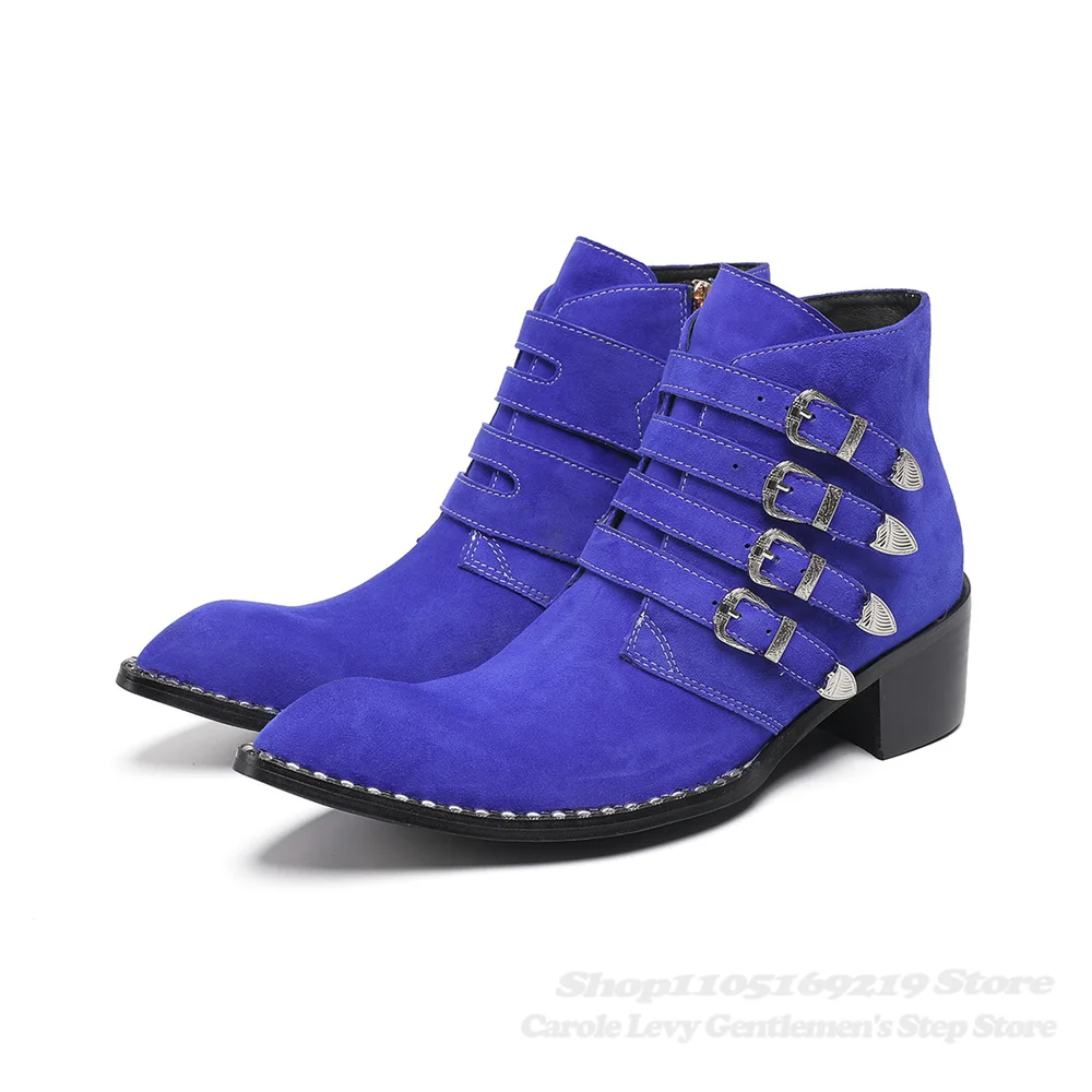 

2025 New Pointed Toe Leather Men Blue Boots Fashion Winter Casual Double Zipper Business Formal Black Flat Trendy Boots