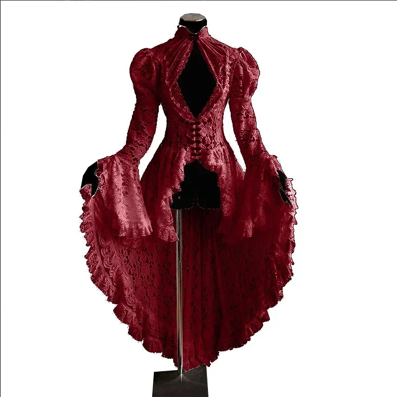 Women  S-5XL Cosplay Dress Gothic Style Asymmetrical Dress Halloween Retro Vintage Solid Lace Medieval Cardigan Cosplay