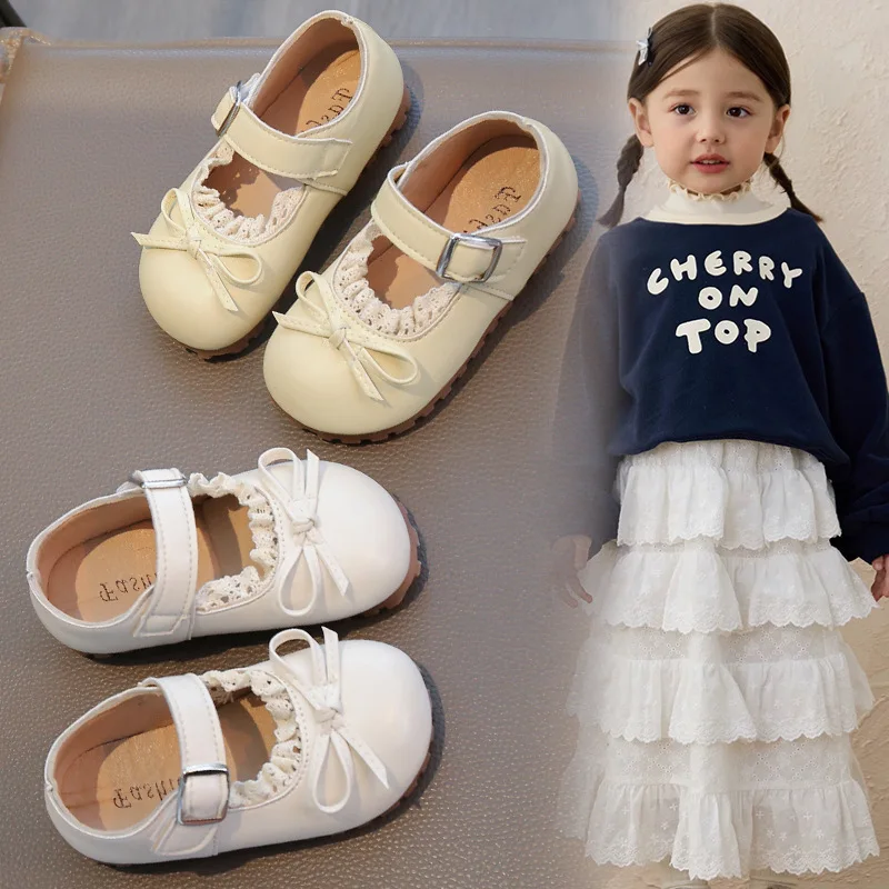 

2025 Autumn New Children Leather Shoes for Girls Fashion Korean Style Soft Bottom Anti-slippery Versatile Princess Lace Shoes