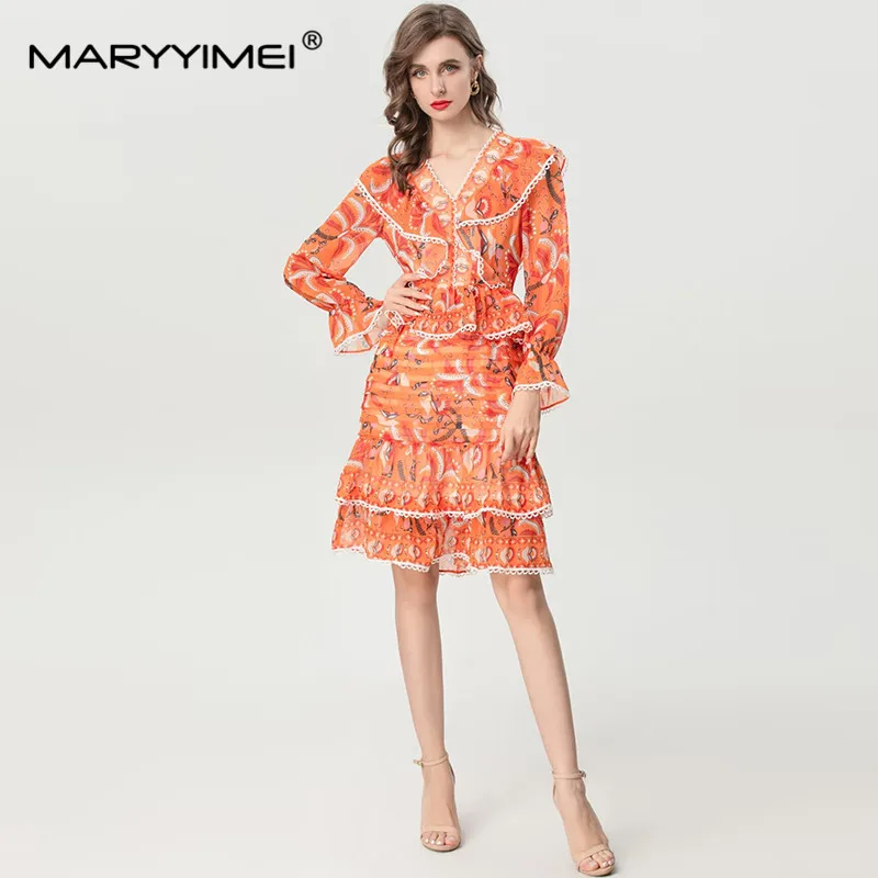 

MARYYIMEI Autumn Women's Dress V-Neck Flare Sleeved Flounced Edge High-End Slim Elegant Gorgeous Dresses