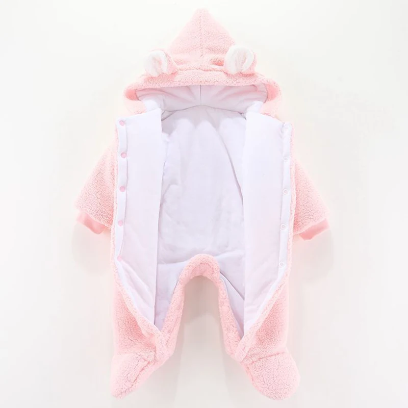 0-12M Cute Plush Bear Baby Boy Romper Infant Girl Overall Jumpsuit Autumn Winter Warm Fleece Hooded Baby Rompers Newborn Clothes