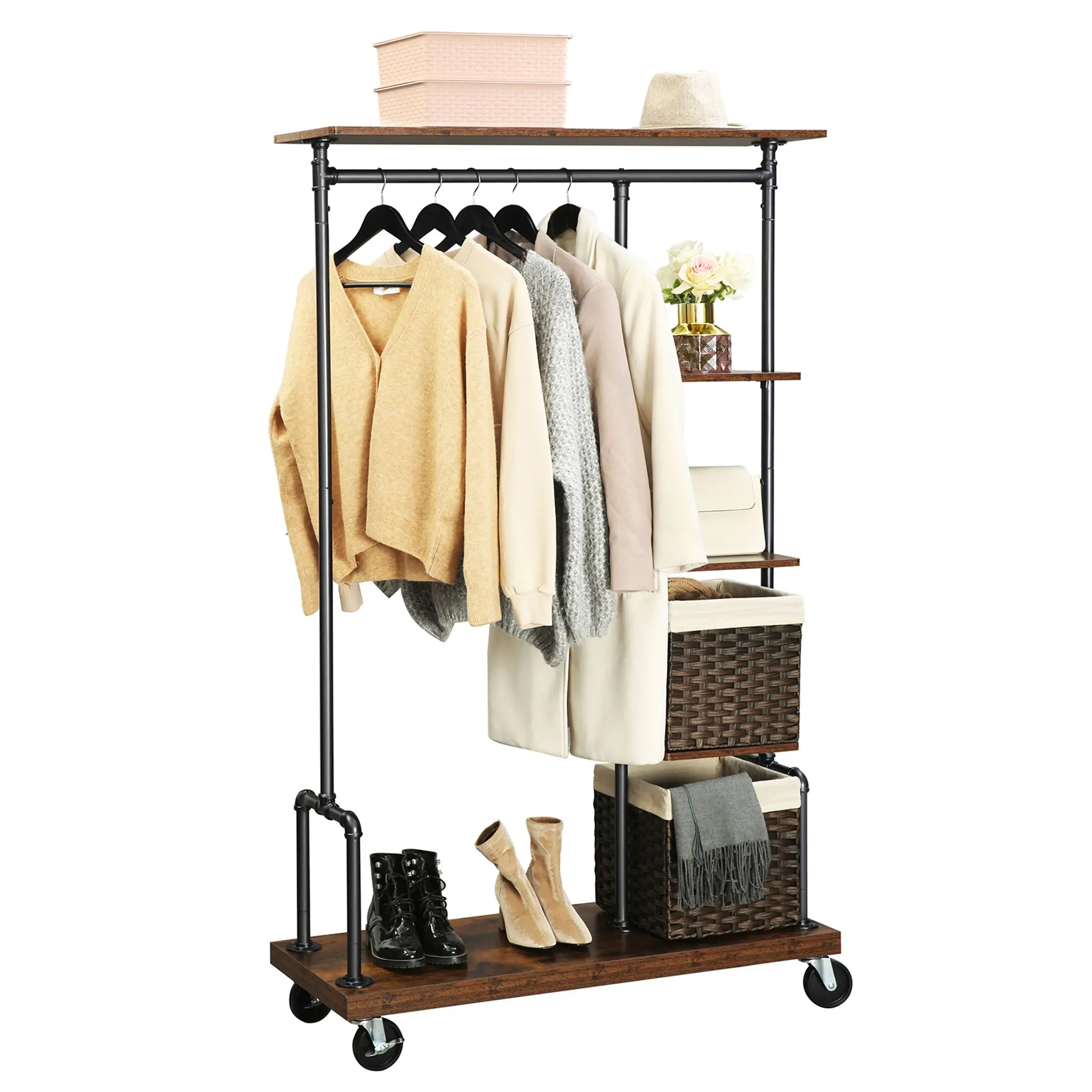 VASAGLE dresses stand on wheels, coat rack stand, dresses bar with 5 shelves