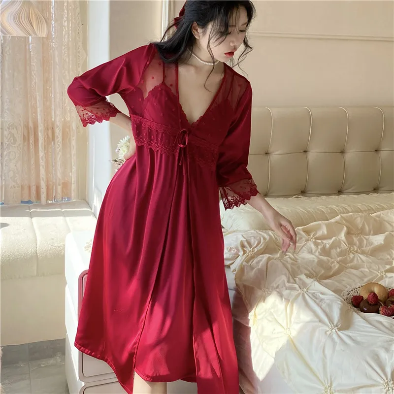 Nightgown Sleepwear Sexy Patchwork Lace Nightdress Bathrobe Gown Women Wedding Nighty&Robe Set Summer Satin Home Wear LoungeWear