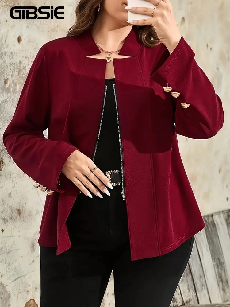 GIBSIE Plus Size Retro Button Long Sleeve Blazer Women Autumn New Solid Elegant Office Ladies Short Zipper Jacket 2024