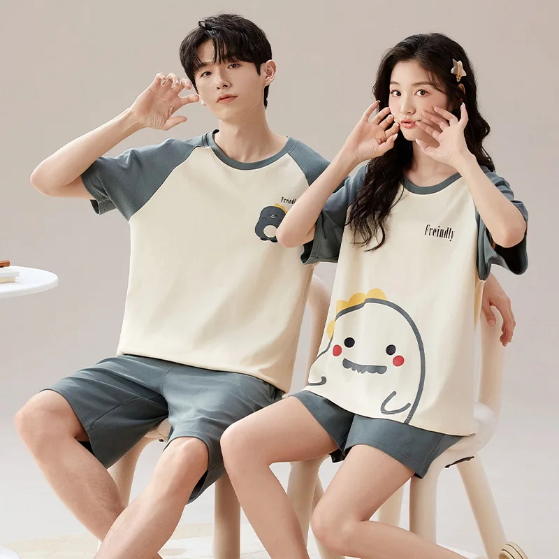 Cartoon Cute Summer Cotton Pajamas Set for Couples Women and Men Matching Sleepwear Short Sleeves Sleeping Top Shorts Pijamas