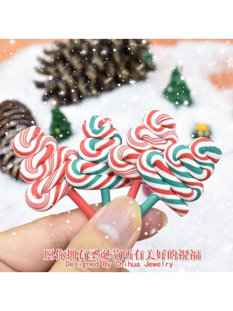 10Pcs Christmas Polymer Clay Lollipop Flatback Cabochon Fake Food DIY Scrapbooking For Phone Decoration Dollhouse Accessories