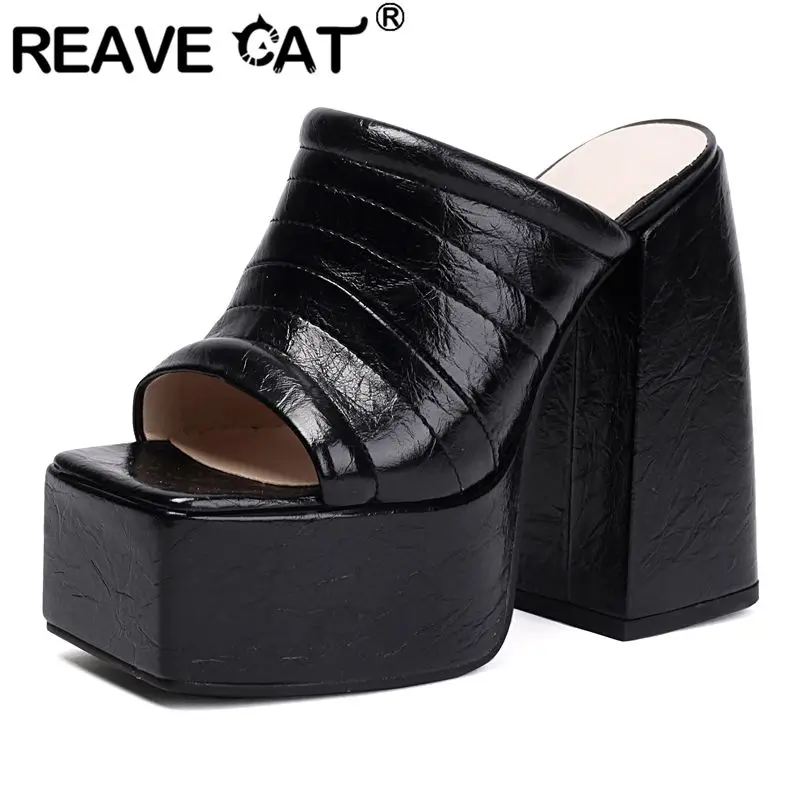 

REAVE CAT Casual 2026 Fashion Women Sandals Square Toe 14cm Chunky Heels 5cm Platform Slip On Mules Dating Shoes Big Size 42 43