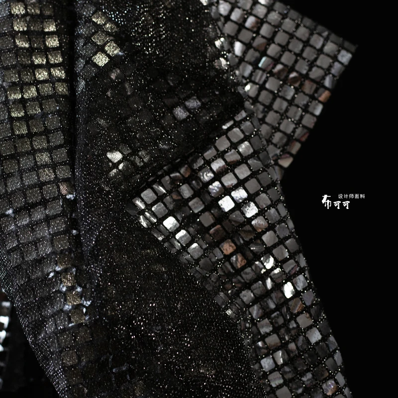 Black and Silver Checkered Checkered Soft Sequin Mirrored Mesh Bottom Reflective European and American Style Clothing Fabric