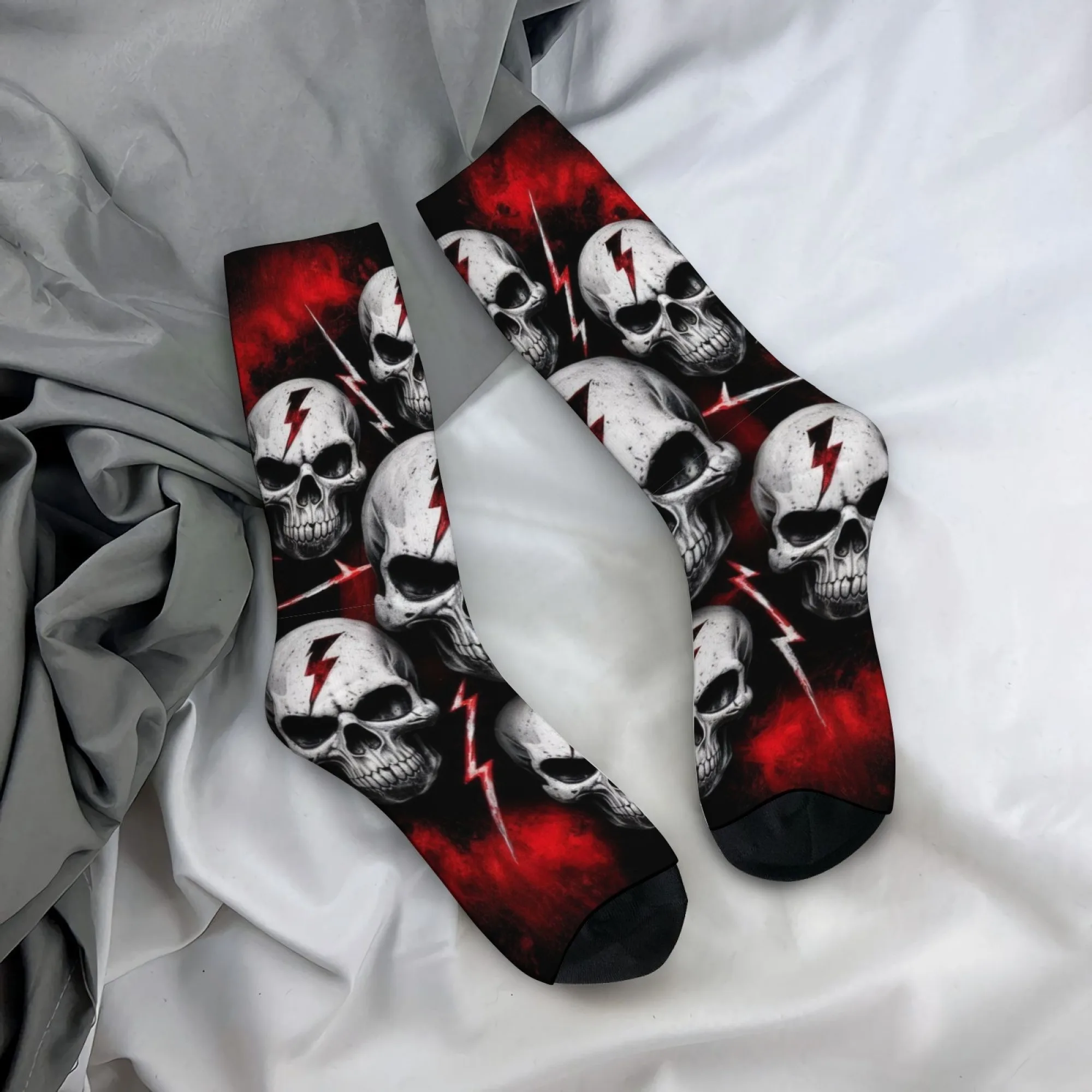 

Heavy Metal Rock Lightning Skull Socks Retro Fashion Men's Socks Gift Street Casual Hip-Hop Happy Socks Novelty Funny Crew Socks